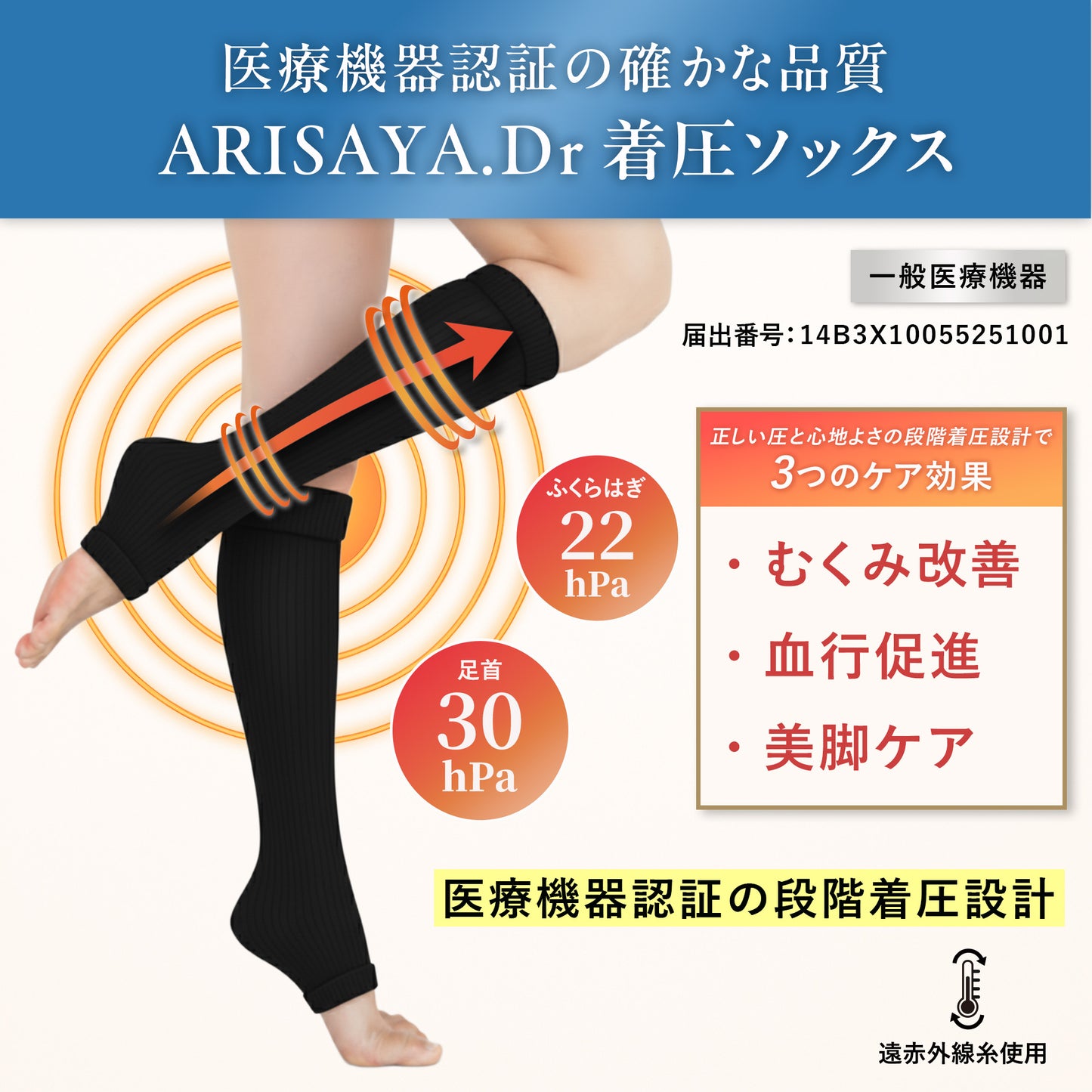【ARISAYA】ARISAYA.Dr 着圧ソックス むくみ リンパ 美脚　一般医療機器 弾性ストッキング　引き締め 着圧靴下 ふくらはぎサポーター 脚サポーター レディース メンズ 産後 高齢者　つま先なし　オープントゥ　ブラック